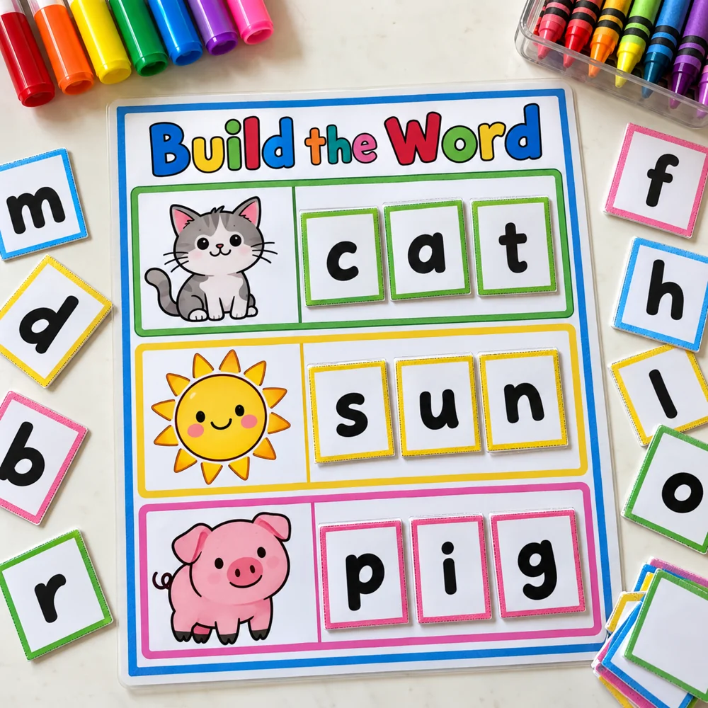 Building words with movable letters activity included in the kit