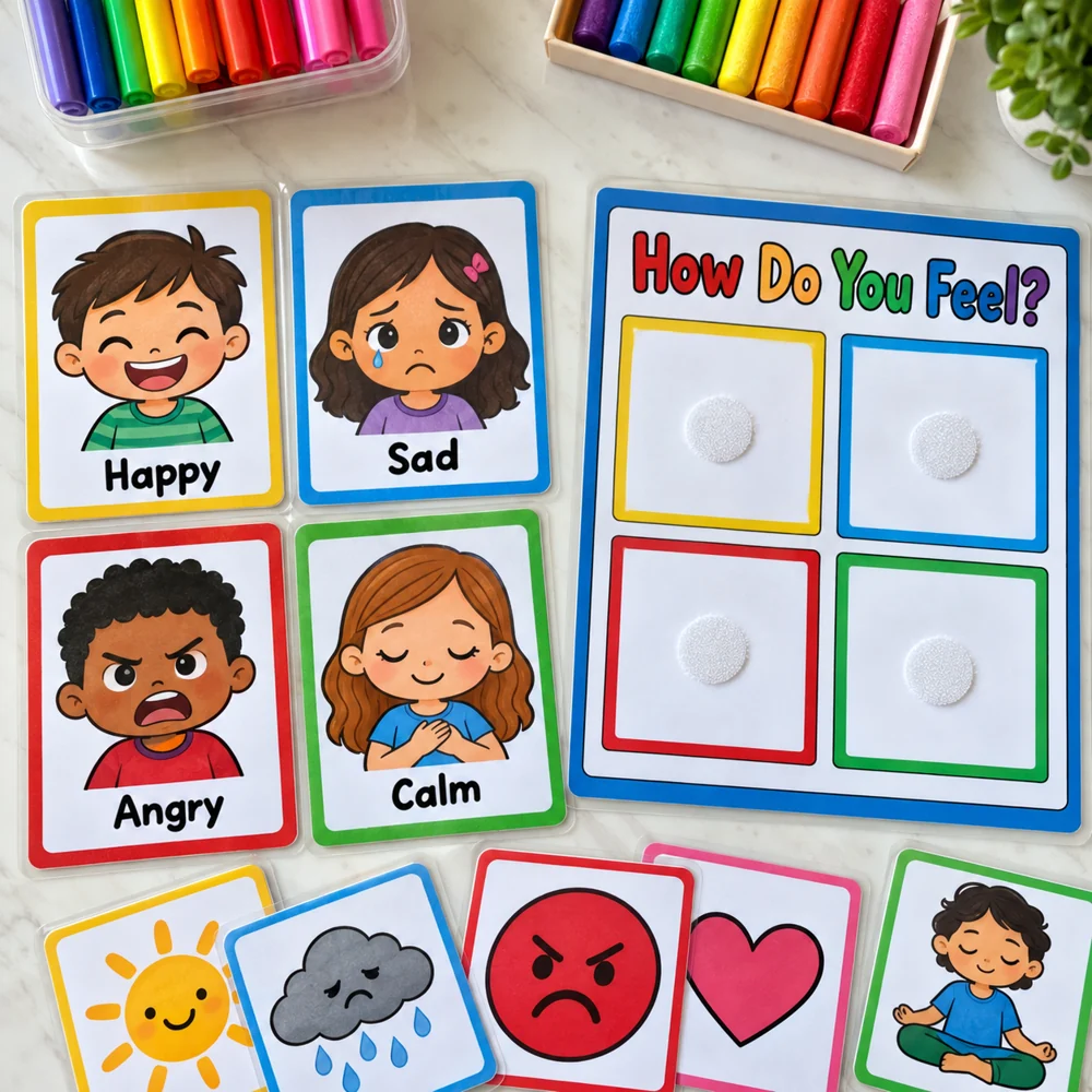 Emotion cards and choice board activity included in the kit